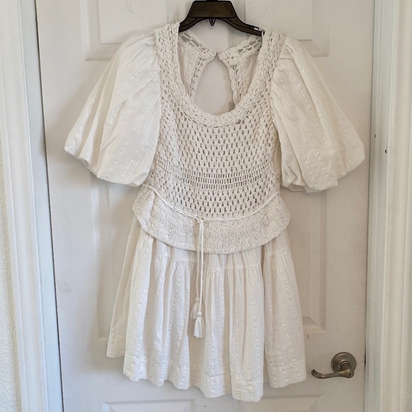 a loves a Dresses & Skirts - Off-White Puff Sleeve Crochet Mini Dress